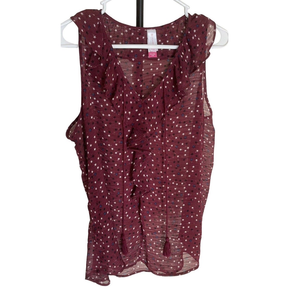 NOBO No Boundaries Juniors Ruffle Woven Sleeveless Top Maroon Stars XXL